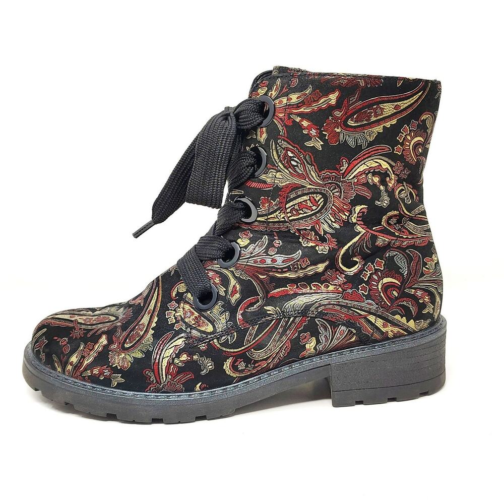 Ara Shoes Womens 6.5 Daphne Boots Multi Paisley Orient Lace Up Red Black Goth